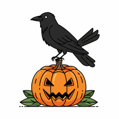 Obraz premium Spooky black crow perched atop a grinning jack-o'-lantern surrounded by autumn leaves