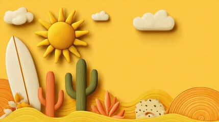 Sunny desert scene with surfboard, cacti, clouds and sun, styled like a 3D rendering