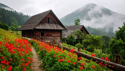 Mountain cabins with red flowers, and fog.
