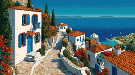 Sun-drenched coastal village scene with whitewashed houses, terracotta roofs, and vibrant flowering plants lining a winding cobblestone path overlooking a calm azure sea
