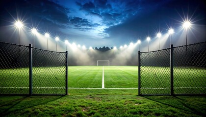 Fototapeta premium Empty Soccer Field at Night with Stadium Lights and Open Gate