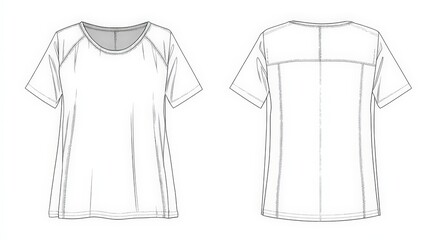 Naklejka premium Ladies t-shirt fashion flat sketch with clear stitching lines showing front and back view technical drawing in clean vector style for professional garment manufacturing design