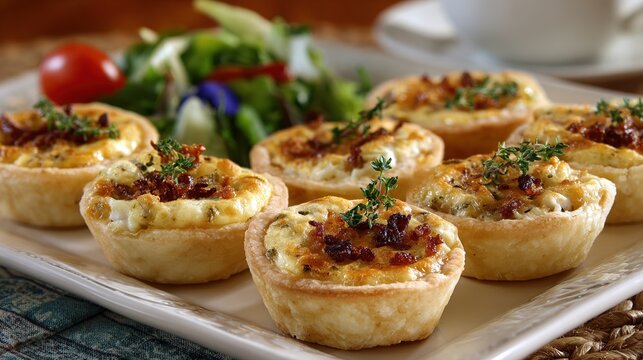Miniature quiches with crispy topping beside fresh salad on a rectangular plate