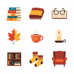 Cozy autumn icons evoke warmth, comfort, and relaxation for seasonal lifestyle themes