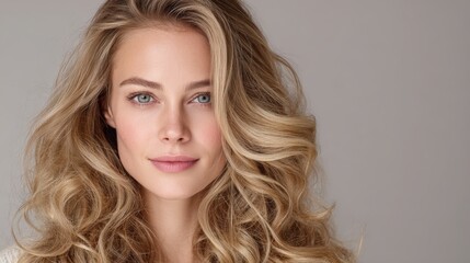 Fototapeta premium Elegant blonde woman with long voluminous wavy hair posing gracefully in soft studio lighting highlighting healthy curls and radiant shine perfect for beauty haircare and cosmetology branding