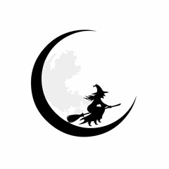 Mystical witch soaring across crescent moon sky, magical night, fantasy adventure