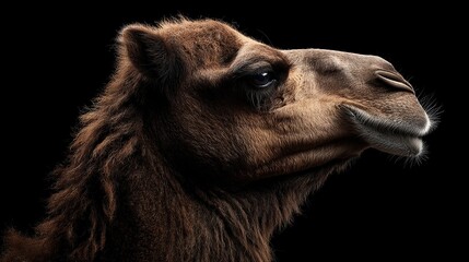 Obraz premium Close-up profile of a camel's head and neck against a black background