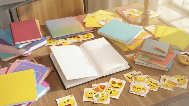 Colorful stationery and emoji stickers scattered on a wooden table with an open notebook