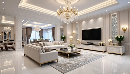 広くて豪華なリビングの白い空間とシャンデリア　generative ai
