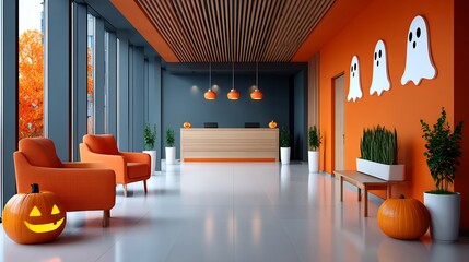 Office lobby decorated for halloween with pumpkins and ghost decorations