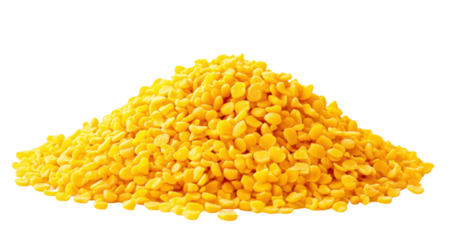 The image displays a pile of Moong Dal, also known as split mung bean lentils on white background 