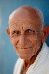 elderly man with deeply etched wrinkles and tears on clean solid background