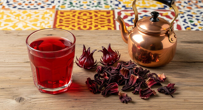 A glass of red hibiscus tea with dried roselle flowers and a copper teapot on a wooden table.