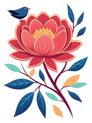 Stylized Red Flower With Blue Bird And Blue Green Leaves floral bloom