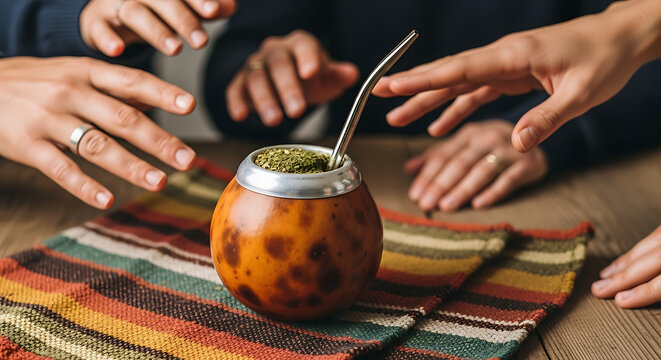 Several hands reach towards a traditional yerba mate drink in a calabash gourd on a wooden table.