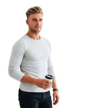 Junger blonder Mann h&auml;lt Kaffeebecher locker in der Hand