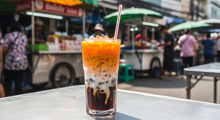 Obraz premium A glass of layered Thai iced tea sits on a table at a bustling outdoor street food market in Thailand.