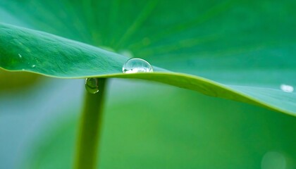 Delicate water droplet on a vibrant green leaf.
