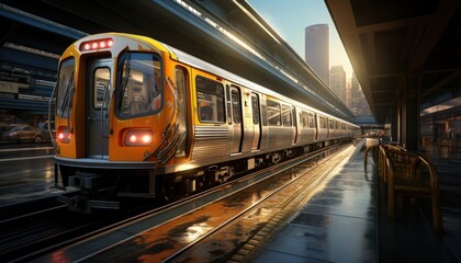 Naklejka premium A bustling city subway station with a train arriving