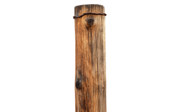 A rustic wooden utility pole on white background,png