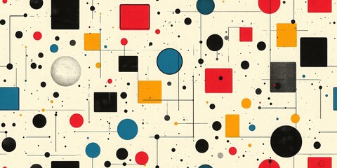 A vibrant abstract illustration featuring a  semless pattern of geometric shapes and connecting lines in the style of mid-century modern art for blogs and websites related to art