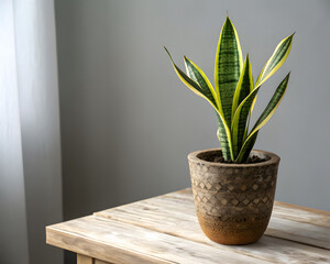 A vibrant snake plant with variegated green and yellow leaves in a textured brown pot, placed on a wooden table against a soft gray background.
