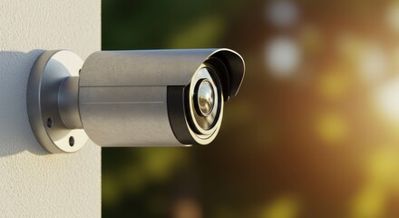 A modern security camera is mounted on a textured wall, reflecting the sunlight in its lens.