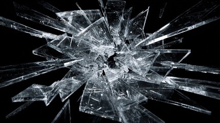 Shattered glass fragments spread out in a radial pattern against a black backdrop