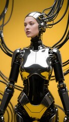 Fototapeta premium Female humanoid android with chrome body connected to multiple cables on yellow background representing advanced AI integration and cybernetic superiority