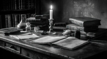 Dark study filled with books, papers, and writing tools illuminated by a flickering candle