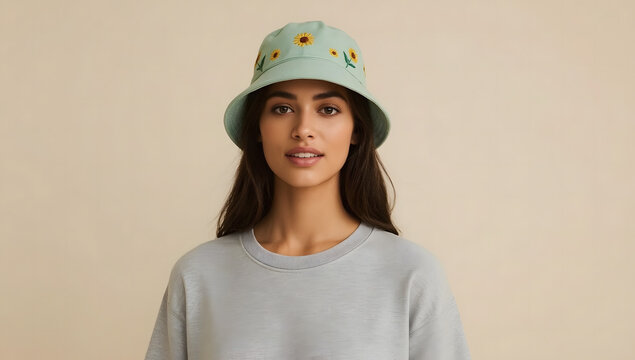 A young woman wearing a light blue bucket hat decorated with sunflowers, looking at the viewer. - Powered by Adobe