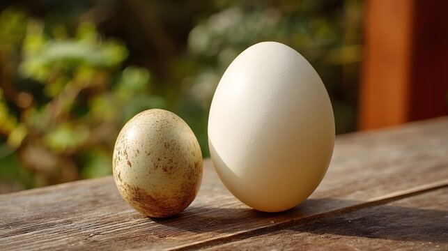 Ostrich egg next to standard chicken egg on wooden table
