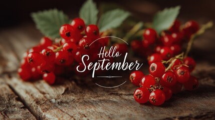Bright Red Currant Berries on Rustic Wooden Surface with Hello September Text