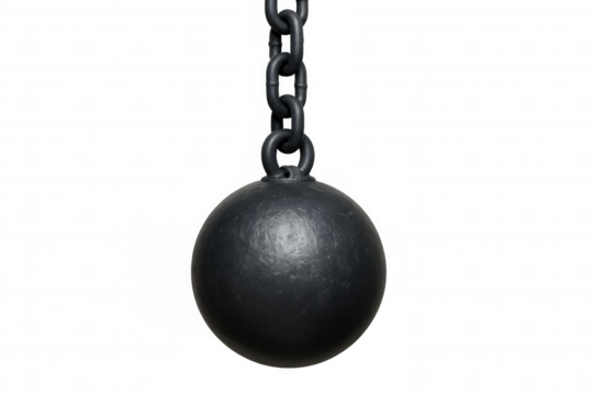 Suspended wrecking ball dangling from sturdy metal chain, prepared for structural demolition work