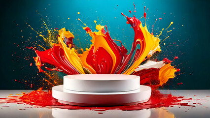Two Tier White Podium with Red Yellow Paint Explosion Background platform stage