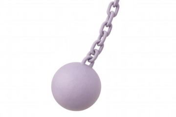 Purple ball and chain hanging, isolated on a transparent background, creating a striking visual metaphor