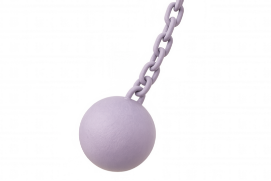 Purple ball and chain hanging, isolated on a transparent background, creating a striking visual metaphor - Powered by Adobe