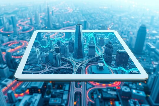 Future city data analysis on tablet screen