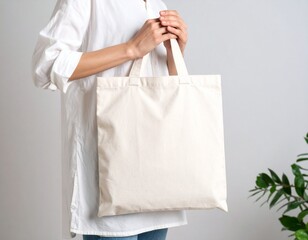 Person holding a plain canvas tote bag, perfect for branding, design mockups, and promotional use