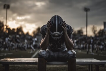 Disappointed American football player with helmet holding his head sitting on the bench in stadium, concept for loss emotion, team failure and game pressure