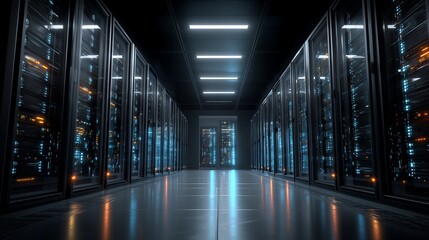Long server room corridor with light and shiny floor reflections, concept for data storage, cloud computing and network infrastructure
