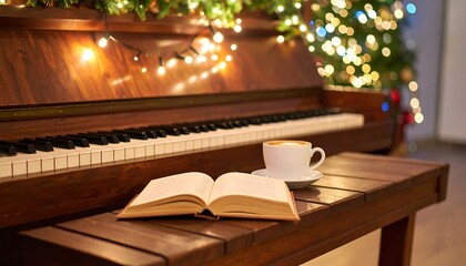 Reading Book with Coffee Near Piano During Holiday Season