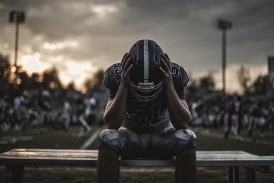 Disappointed American football player with helmet holding his head sitting on the bench in stadium, concept for loss emotion, team failure and game pressure