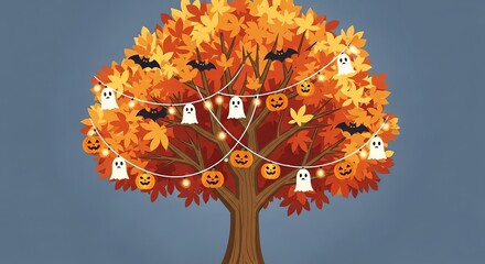 Whimsical autumn tree adorned with spooky Halloween lights, pumpkins, and bats for festive celebrations