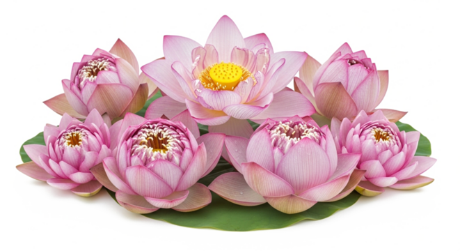 Pink Lotus Flowers Arrangement with Green Leaf on White Background