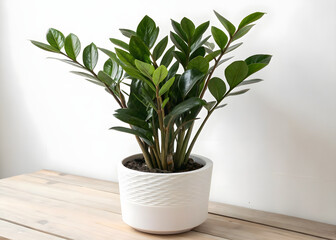 Obraz premium Healthy ZZ plant (Zamioculcas zamiifolia) with shiny green leaves in a modern white ceramic pot, placed on a light wooden table against a white background—ideal for themes of indoor plants, minimalist