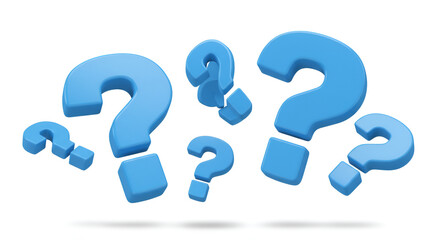Blue Question Marks Floating on White Background Depicting Uncertainty