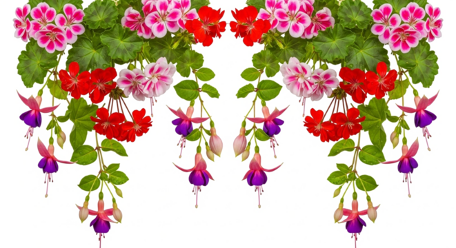 Colorful Geranium and Fuchsia Flowers Border Design on White Background