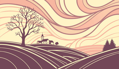 Fototapeta premium Landscape scene with road through forest under sunset sky