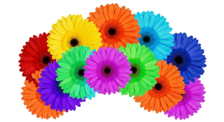 Vibrant Rainbow Gerbera Daisies Arranged in an Arc on a Clean White Background